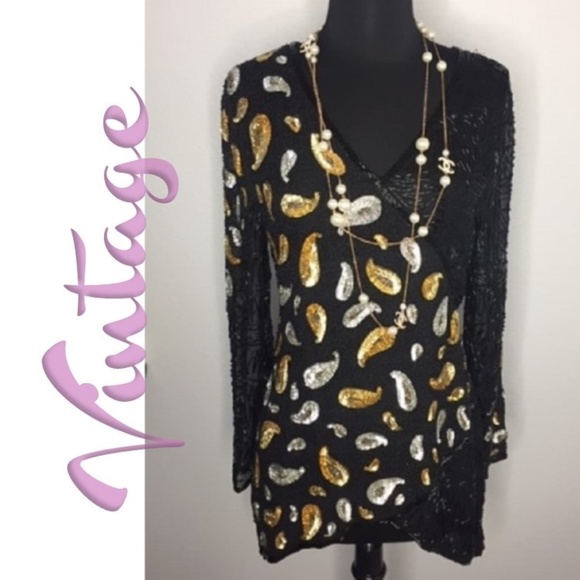 VINTAGE Sequin & Beaded Silk High-Low Long Top - Picture 1 of 8